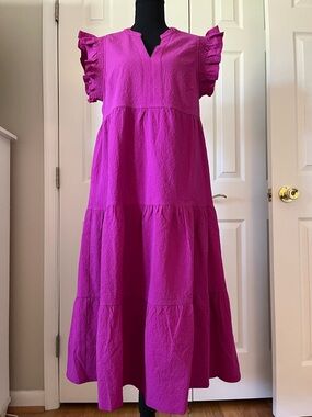 THML Pink Tiered Midi Dress | Ruffle Sleeve | Lined | Pockets Sz S EUC